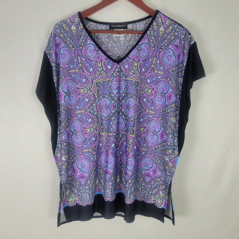Travel Elements Womens Blouse Medium Top Multicolored Short Sleeve V Neck‎ Shirt